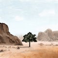 Hand drawn illustration of tree in desert with mountains rocks cliffs. Orange sand dune sahara nature, blue sky, hot dry Royalty Free Stock Photo