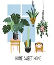 Hand drawn illustration with tropical house plants, window and cute dog. Vector poster design with text - `home sweet home`.