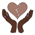 Hand drawn illustration of two human person hands holding in elegant gesture, broken heart emotions. Simple minimalist