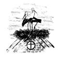 Hand drawn illustration of two storks in nest on roof. Bird family animal species love home symbol. Black line