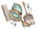 Hand drawn illustration of vintage jeweled golden hairbrush, antique mirror, comb decorated with aquamarine stones Royalty Free Stock Photo