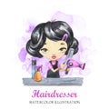 Hand drawn illustration. Watercolor card young girl with hairdryer and comb. Profession Hairdresser. Can be printed on T