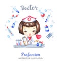 Hand drawn illustration. Watercolor card young girl with medical drugs and tools. Profession Doctor. Can be printed on T