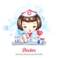 Hand drawn illustration. Watercolor card young girl with medical drugs and tools. Profession Doctor. Can be printed on T