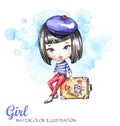 Hand drawn illustration. Watercolor card young girl with travel bag. Adventure, vacation. Can be printed on T-shirts