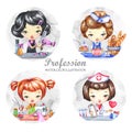 Hand drawn illustration. Watercolor set with female profession. Hairdresser, Baker, Tailor, Doctor. Round icons.