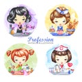 Hand drawn illustration. Watercolor set with female profession. Hairdresser, Baker, Tailor, Doctor. Round icons.