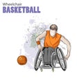Hand drawn illustration. Wheelchair Basketball. Vector sketch sport. Graphic figure of disabled athlete with a ball