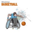 Hand drawn illustration. Wheelchair Basketball. Vector sketch sport. Graphic figure of disabled athlete with a ball