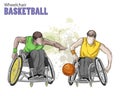 Hand drawn illustration. Wheelchair Basketball. Vector sketch sport. Graphic figure of disabled athletes with a ball