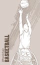 Hand drawn illustration. Wheelchair Basketball. Vector sketch sport. Graphic silhouette of disabled athlete with a ball