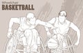 Hand drawn illustration. Wheelchair Basketball. Vector sketch sport. Graphic silhouette of disabled athletes with a ball Royalty Free Stock Photo