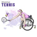 Hand drawn illustration. Wheelchair Tennis athlete. Vector sketch sport. Graphic figure of disabled girl with a racket