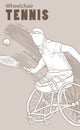 Hand drawn illustration. Wheelchair Tennis. Vector sketch sport. Graphic silhouette of disabled athlete with a racket