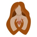 Hand drawn illustration of white red hair woman holding shining healing heart in hands. Harmony well being self-help