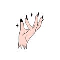 Hand drawn illustration of witch hand with black fingernails nails stars. Witchcraft magic mystic halloween art, elegant Royalty Free Stock Photo