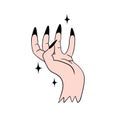 Hand drawn illustration of witch hand with black fingernails nails stars. Witchcraft magic mystic halloween art, elegant Royalty Free Stock Photo