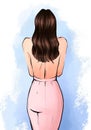 Hand drawn illustration of a woman brown wavy hair stands with her back in light pink skirt Royalty Free Stock Photo