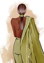 Hand drawn illustration of a woman dark skin tone with ponytail stands with her back with green jacket on right shoulder Royalty Free Stock Photo