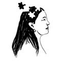 Hand drawn illustration woman head with jigsaw puzzle pieces. Psychology brain forget forgetting concept, medical Royalty Free Stock Photo