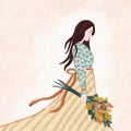 Hand drawn illustration of woman holding flower bouquet in neutral beige green colors. Sad calm looking down female with