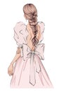 Hand drawn illustration woman in light pink dress. Beautiful fashion art girl stands with her back in a beautiful dress with big
