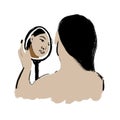 Hand drawn illustration of woman looking at mirror, beige black cartoon doodle. Self-care self reflection doubts, beuaty