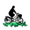 Hand drawn illustration of woman riding bicycle bike, black silhouette with green grass. City life transport Royalty Free Stock Photo