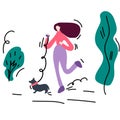 Hand-drawn illustration of a woman on a run with a dog. Spending time in the fresh air, Pets, walking. In a circle of