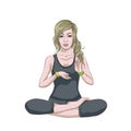 Hand drawn illustration of woman sitting in lotus pose of yoga. Meditation concept. Character Royalty Free Stock Photo