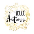 Hand drawn illustration. Wreath with Fall leaves. Forest design elements. Hello Autumn