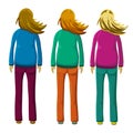 hand drawn illustration of young standing women with waving or flying dark, dressed in casual or sport jacket and trousers. Woman Royalty Free Stock Photo