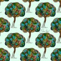 Hand-drawn illustrations. Abstract colored trees. I love trees. Seamless pattern.