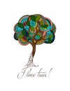 Hand-drawn illustrations. Abstract colorful tree. Postcard I love trees.