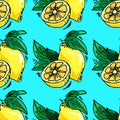 Hand-drawn illustrations. Card with fruits, lemons. Seamless pattern.