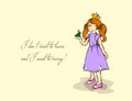 Hand-drawn illustrations. Card with a princess. Red-haired girl and a frog. I do not want to learn and want to marry.