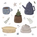 Hand drawn illustrations of ceramic kitchenware in pastel colors.