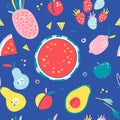 Hand drawn illustrations of fruit in bright colors and modern handrawn sketch style. Neon seamless pattern.