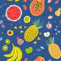 Hand drawn illustrations of fruit in bright colors and modern handrawn sketch style. Neon seamless pattern.