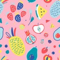 Hand drawn illustrations of fruit in bright colors and modern handrawn sketch style. Neon vector seamless pattern.