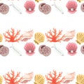 Hand-drawn illustrations. Image with seashells, coral and marine inhabitants. Seamless pattern. Royalty Free Stock Photo