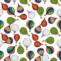 Hand-drawn illustrations. Multi-colored aerostats. Seamless pattern. Royalty Free Stock Photo