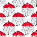 Hand-drawn illustrations. Rain under a red umbrella. Postcard Rain Man. Seamless pattern. Royalty Free Stock Photo