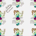 Hand-drawn illustrations. Trendy crocodile girl. Motivational postcard. Seamless pattern.