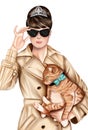 Hand drawn image - Girl wearing elegant outfit, black sunglasses and holding a cat Royalty Free Stock Photo