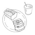 Hand drawn image of the glass with banana shake and banana bread. Vector Illustration, isolated on white background Royalty Free Stock Photo