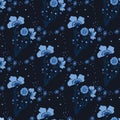 Hand drawn indigo blue floral garden meadow. Seamless repeating vector pattern.