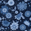 Hand drawn indigo blue floral garden meadow. Seamless repeating vector pattern. Royalty Free Stock Photo