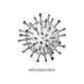 Hand drawn influenza virus illustration with name in sketch style. Microscope virus close up. Vector illustration Royalty Free Stock Photo