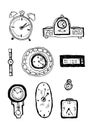 Hand drawn ink black and white cartoon illustration of different clocks